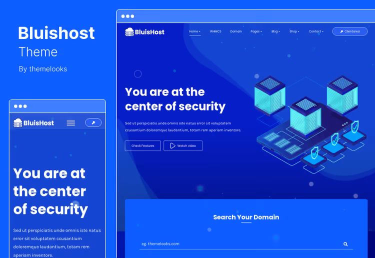 Bluishost-tema, responsiv hostingnettside med WHMCS og domenesøk