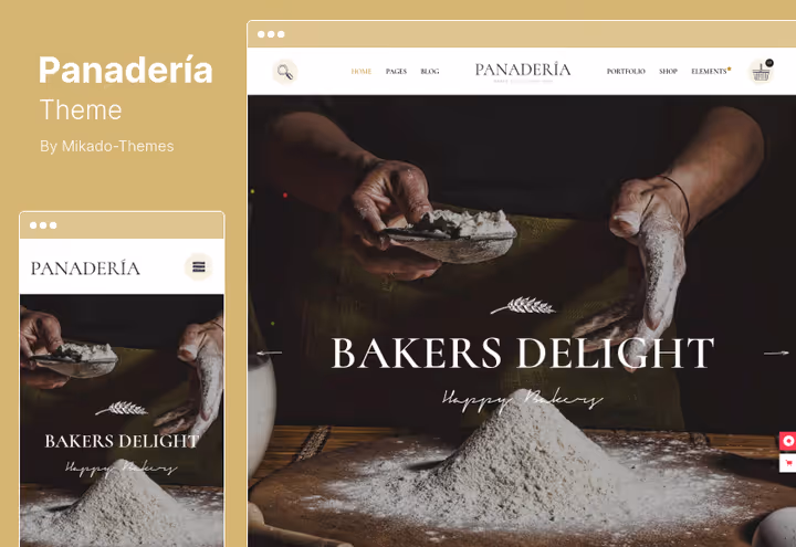 Tema Panadería com design de padaria e pastelaria