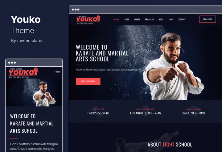 Youko-tema, karateskole-nettsted på WordPress