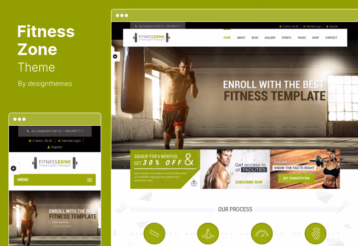 Fitness Zone-tema, treningssenter-nettsted med BMI-kalkulator på WordPress