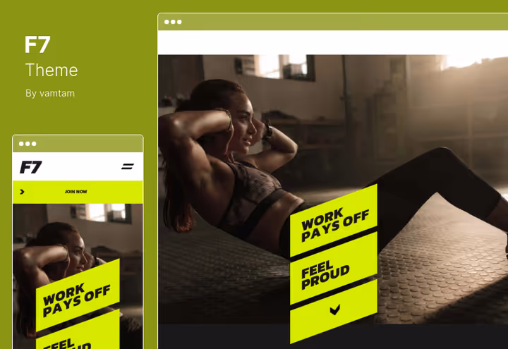 F7-tema, treningssenter-nettsted med timeplan på WordPress
