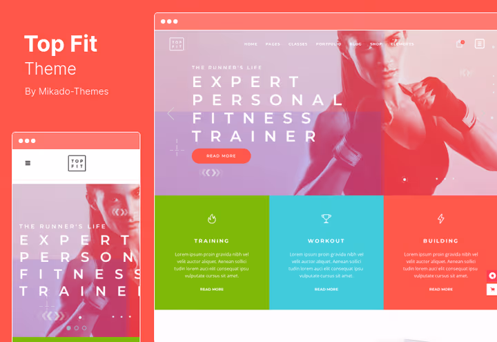 TopFit-tema, treningssenter-nettsted med BMI-kalkulator på WordPress