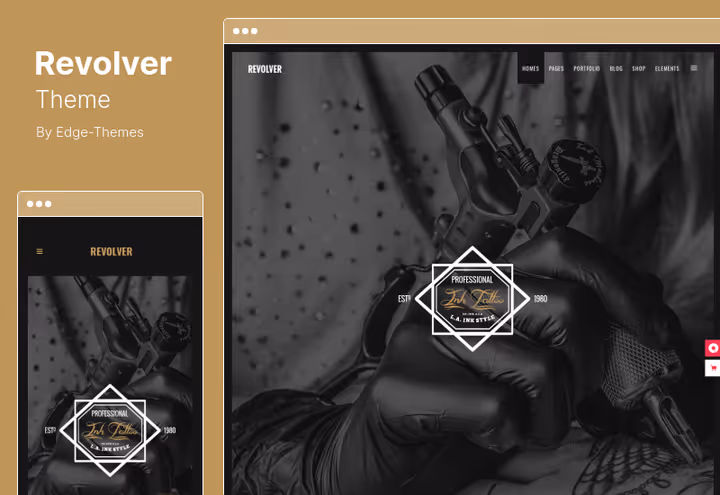 Design do tema Revolver em paleta de preto e dourado