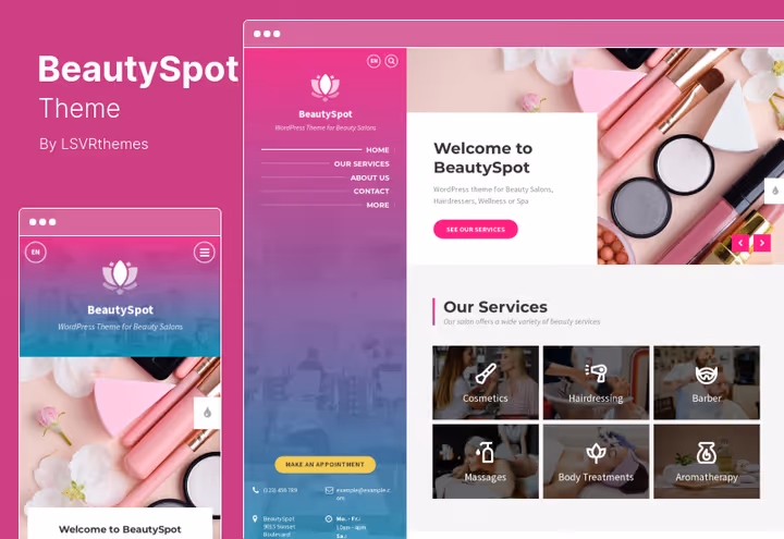 Página inicial do tema BeautySpot para salão de beleza
