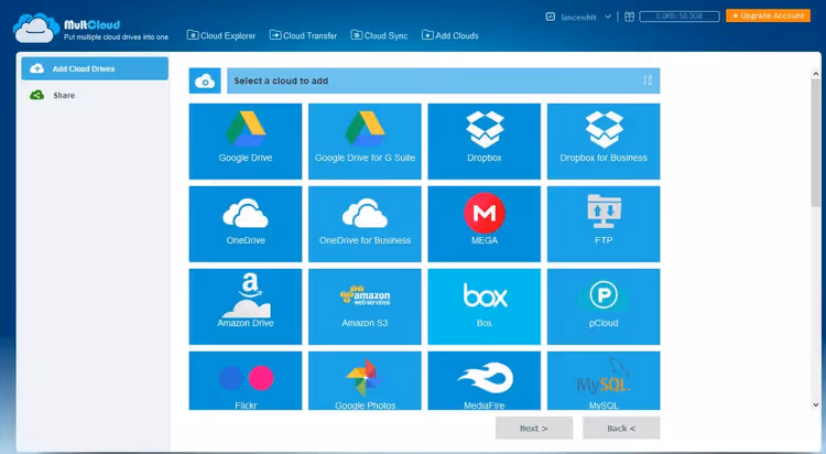 Interfaz web de MultCloud para transferir archivos entre nubes