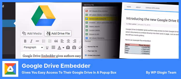 Google Drive Embedder filvalgsvindu i WordPress