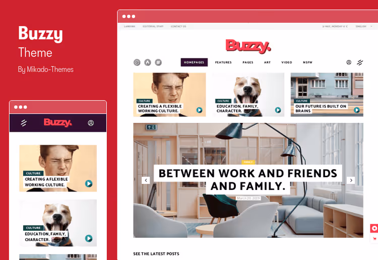 Buzzy theme homepage with bright color scheme for viral content
