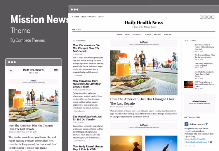 Mission News theme homepage in classic New York Times newspaper style