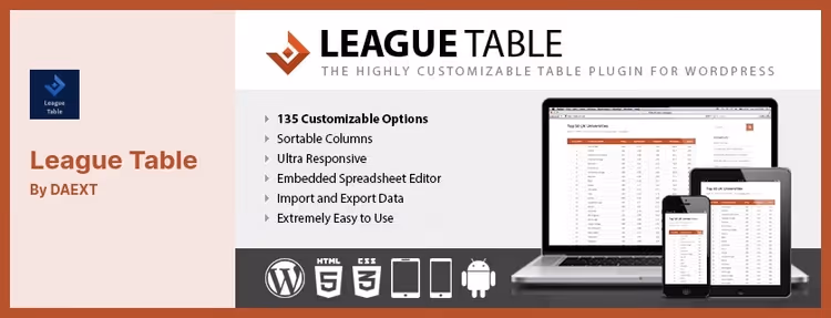 Sorditav liigatabel League Table pluginis