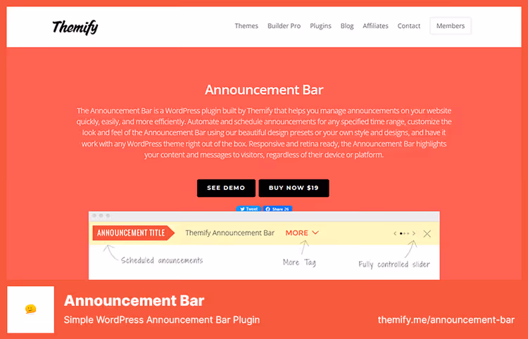 Themify Announcement Bar with display scheduling