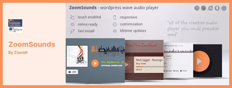 Leitor de forma de onda ZoomSounds com lista de reprodução em fundo claro