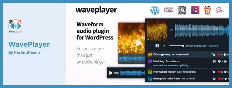 WavePlayer com forma de onda e botões de compra na página de produto