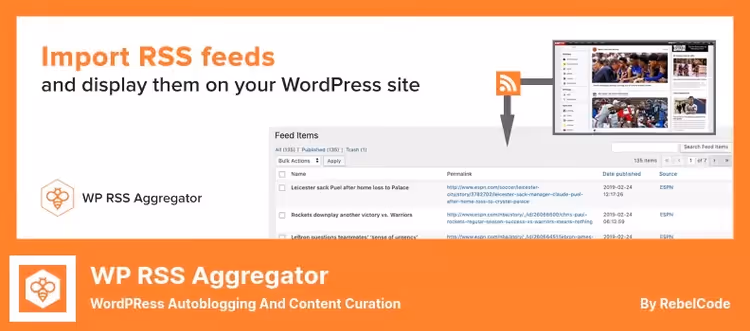 WP RSS Aggregator RSS source management panel