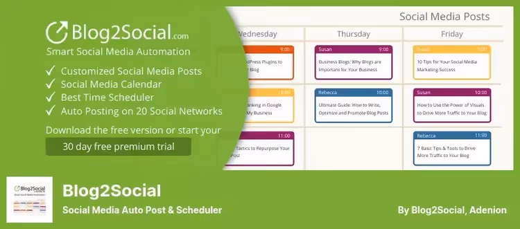 Blog2Social social media auto-posting calendar
