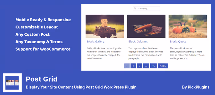 Post Grid-plugin fra PickPlugins, rutenettredigering med forhåndsvisning