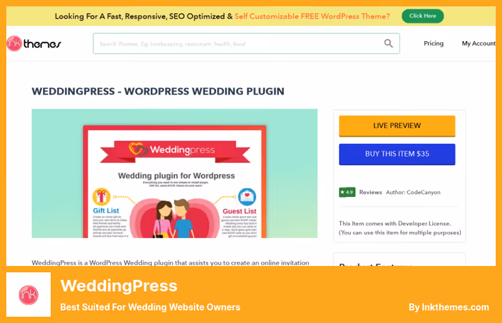 Wedding website control panel in WeddingPress plugin