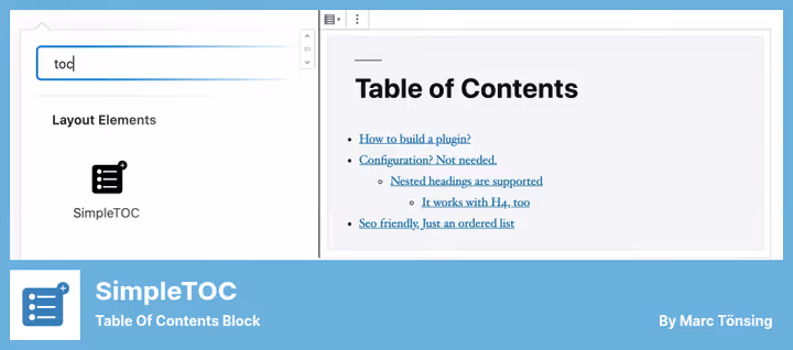 SimpleTOC-blokk i Gutenberg-redigering