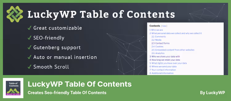 LuckyWP Table of Contents pluginens innstillingsgrensesnitt