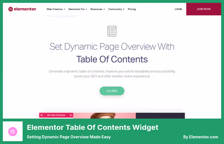 Elementors innholdsfortegnelse-widget i visuell redigering