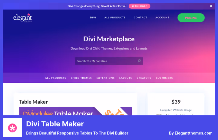 Responsive Divi Table Maker tabel mobiilivaates