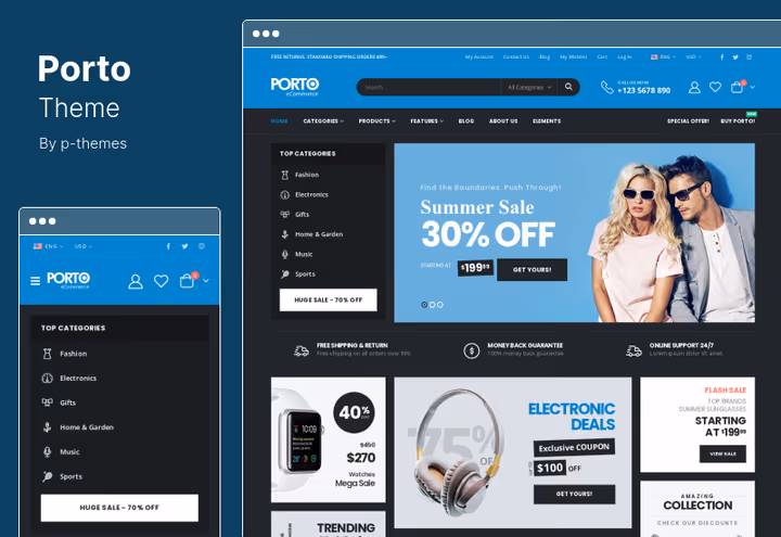 Тема Porto, мультиязычный WooCommerce-магазин с RTL