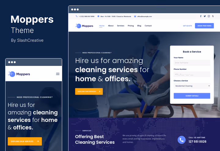 Тема Moppers, клининговая компания с мультиязычным доступом