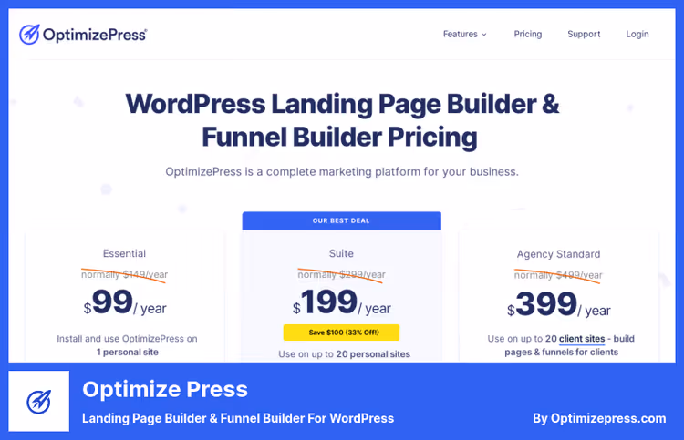 Editor de funis do OptimizePress com modelos de página