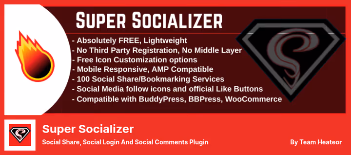 Página de configurações do Super Socializer com separadores de login social e partilha