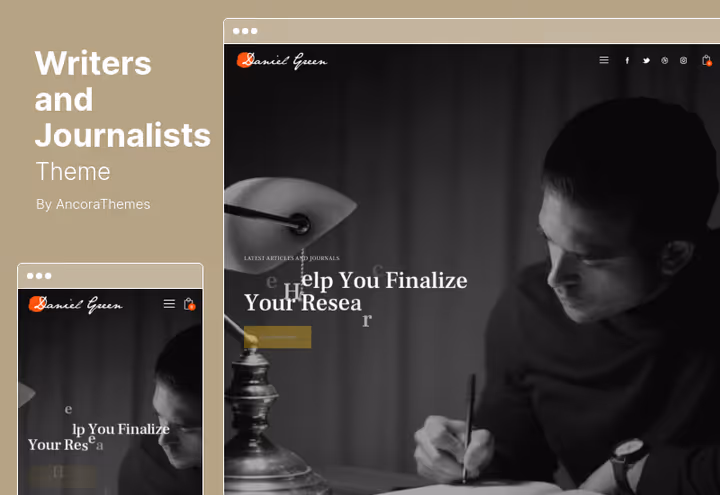 Writers and Journalists Blog theme homepage with bookstore