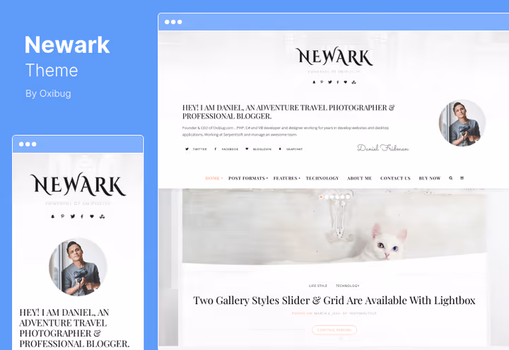 Newark theme, personal blog with live customizer and 75 social icons