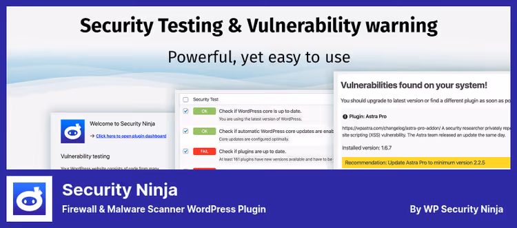 Панель Security Ninja з результатами 50+ тестів безпеки та статусом