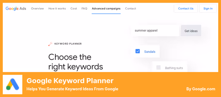 Google Keyword Planner interface with keyword selection