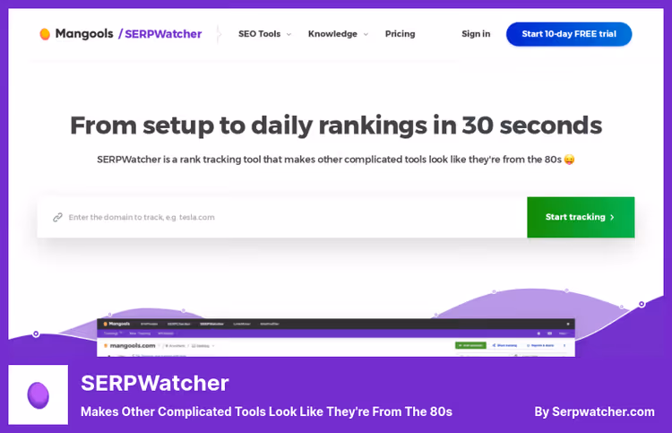 SERPWatcher dashboard with performance index and keyword positions