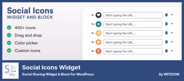 Ícones de redes sociais WPZOOM Connect com SVG personalizado e botões de partilha