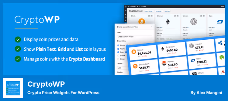 Kontrollpanel for CryptoWP-plugin med kryptovalutakurser
