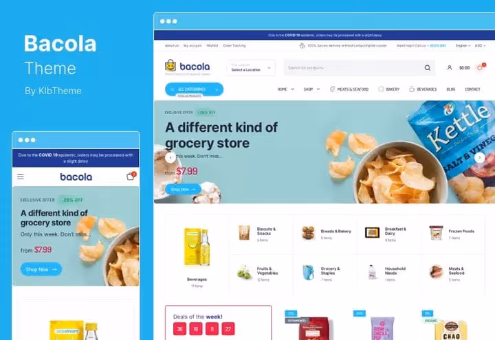 Bacola theme home page for WooCommerce grocery store