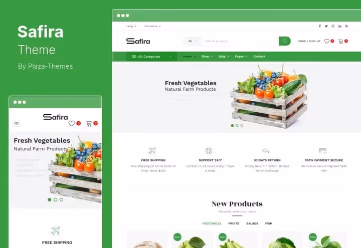 Safira theme, Food Organic WooCommerce with 16 demos