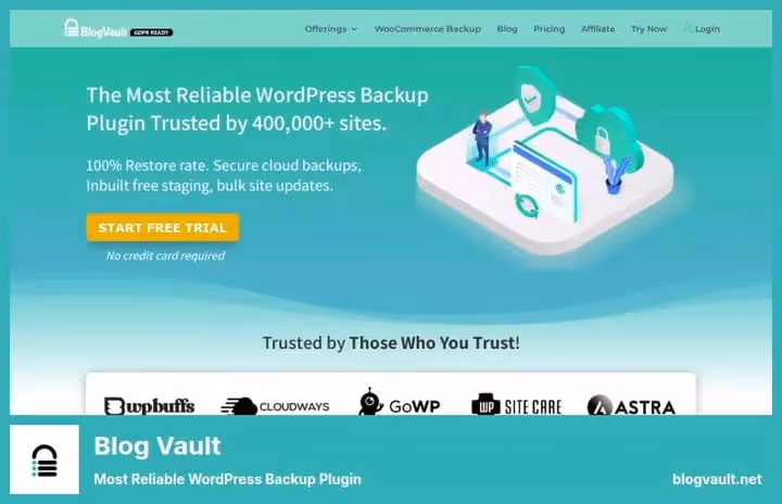 Painel de gestão de backups do BlogVault para WordPress