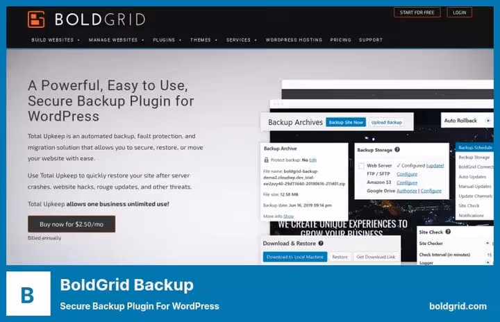 Interface de backup automático do Total Upkeep da BoldGrid