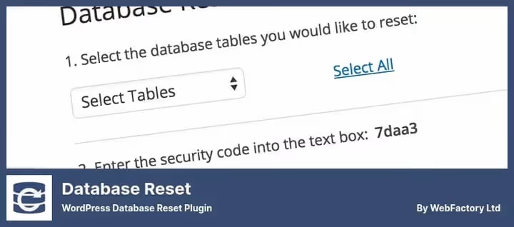 WordPress database reset page with Database Reset plugin