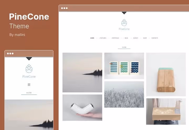 PineCone theme: minimalistisk svart-hvitt-portefølje med mursteinsnett