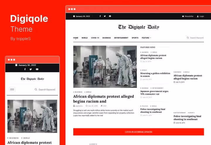Digiqole theme: nyhetstema med mørk modus, AMP og Elementor inkludert