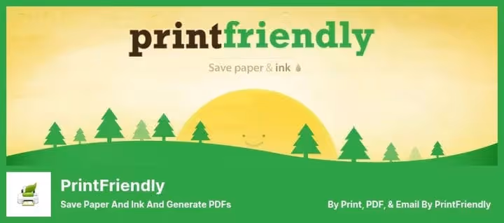 PrintFriendly utskriftsforhåndsvisning med knapper for utskrift, PDF og e-post