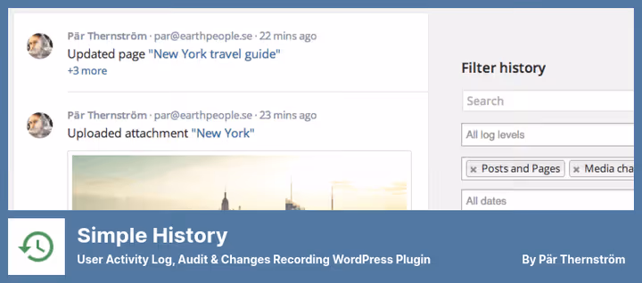 Simple History event feed in WordPress console