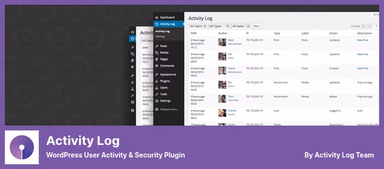 Activity Log event list with filtering capability