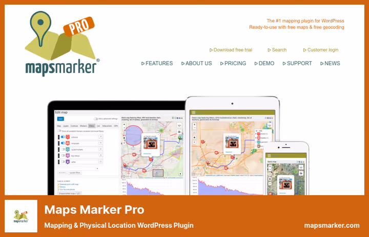 Detaljert kart med flere markører i Maps Marker Pro for WordPress