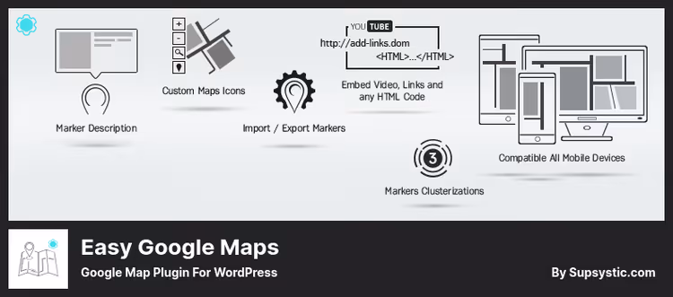 Google-kart med markører og beskrivelsesglidebryter i Easy Google Maps av Supsystic
