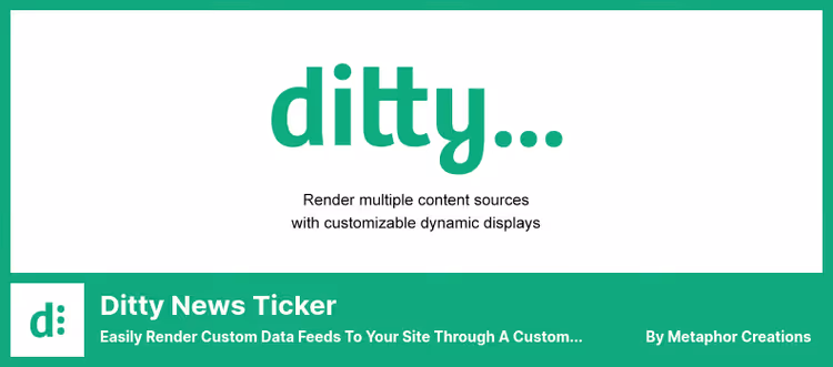 Ditty plugin-grensesnitt med ticker-innstillinger og live forhåndsvisning