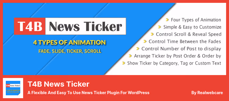 T4B News Ticker plugin-innstillinger med animasjon og hastighetsvalg