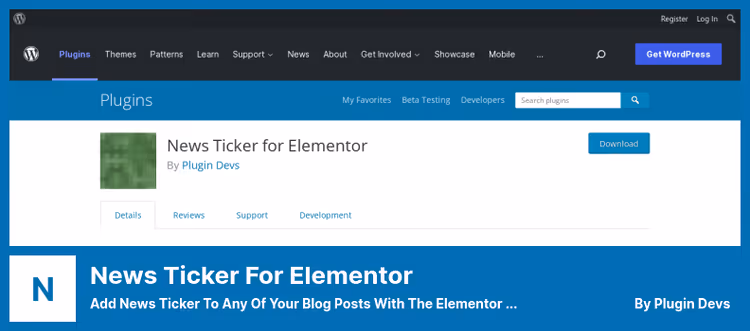 News Ticker for Elementor widget i byggerpanelet med innstillinger